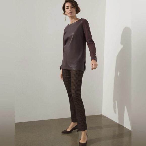 Chicos Ponte Faux Leather Tunic Top Chicos 1 Sz M Cherry Old Money Casual Work - Picture 2 of 11